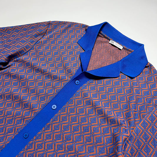ZARA Retro Cabana Polo Shirt braun blau L - Cats on Stacks VNTG