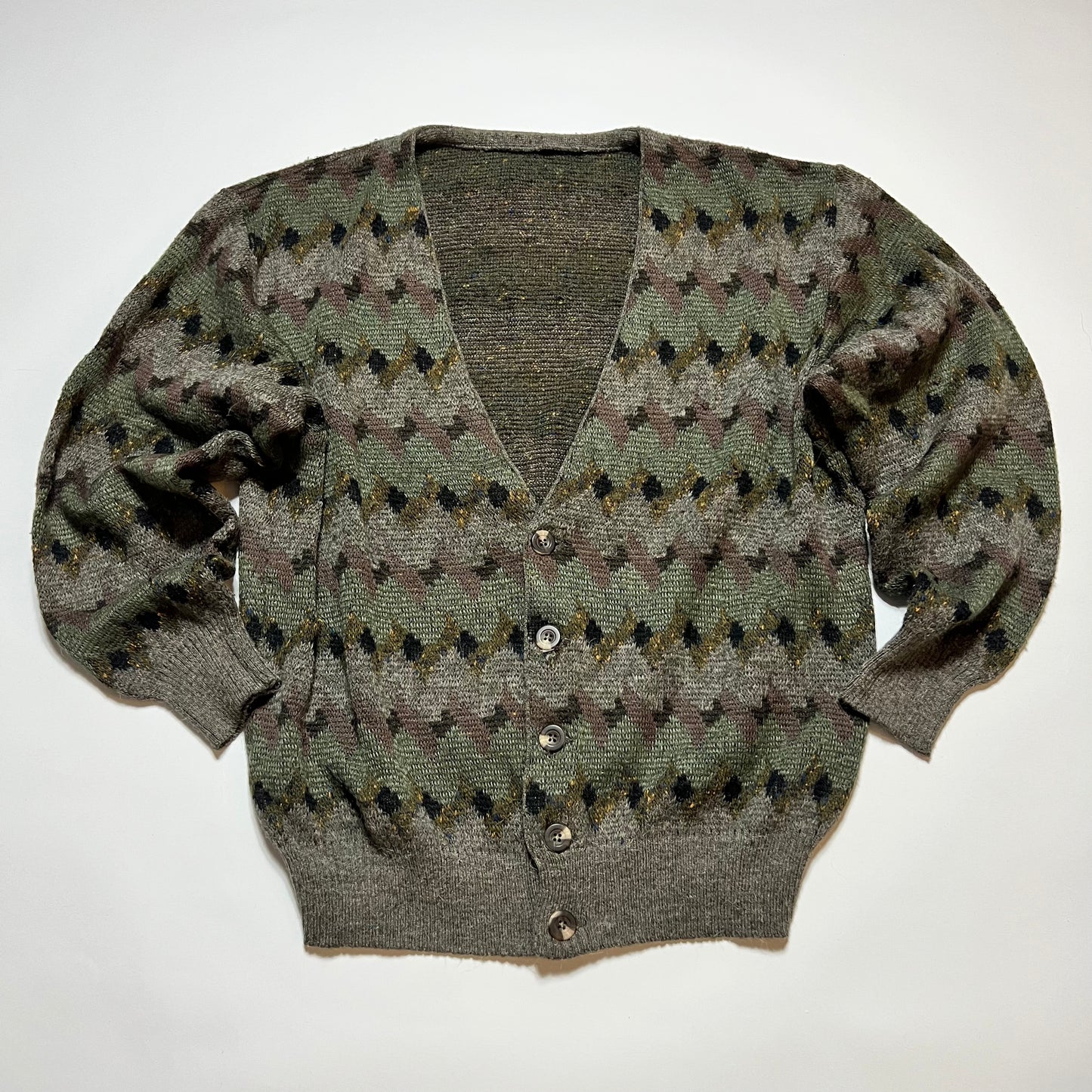 Vintage Crazy Pattern Boxy Cardigan grün braun L - Cats on Stacks VNTG