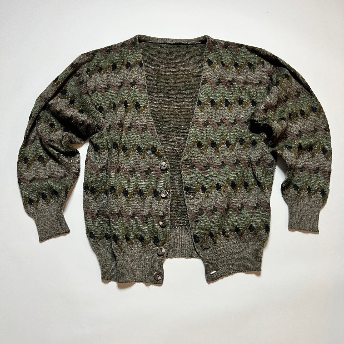 Vintage Crazy Pattern Boxy Cardigan grün braun L - Cats on Stacks VNTG