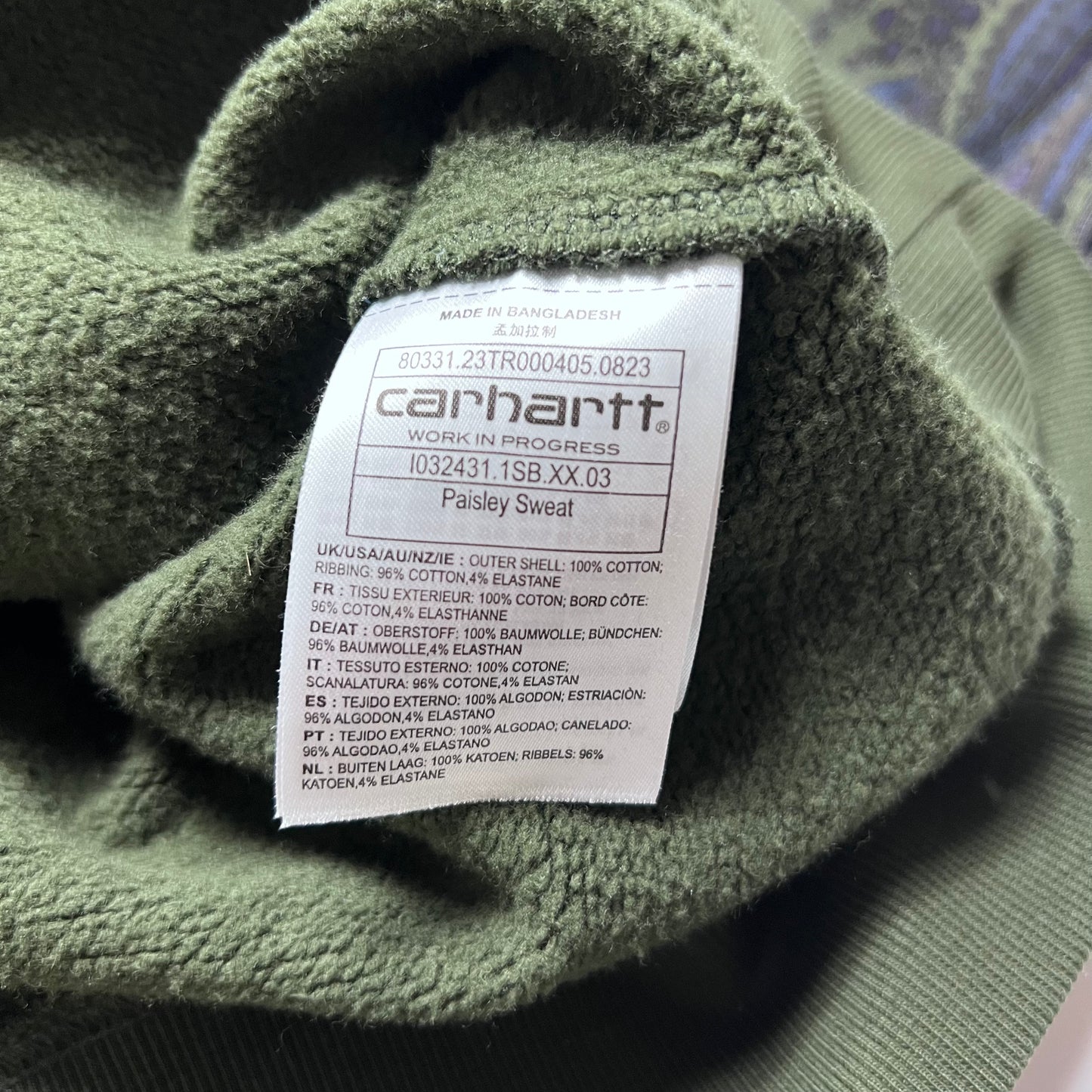 Carhartt Olive Paisley Sweat Crewneck L - Cats on Stacks VNTG
