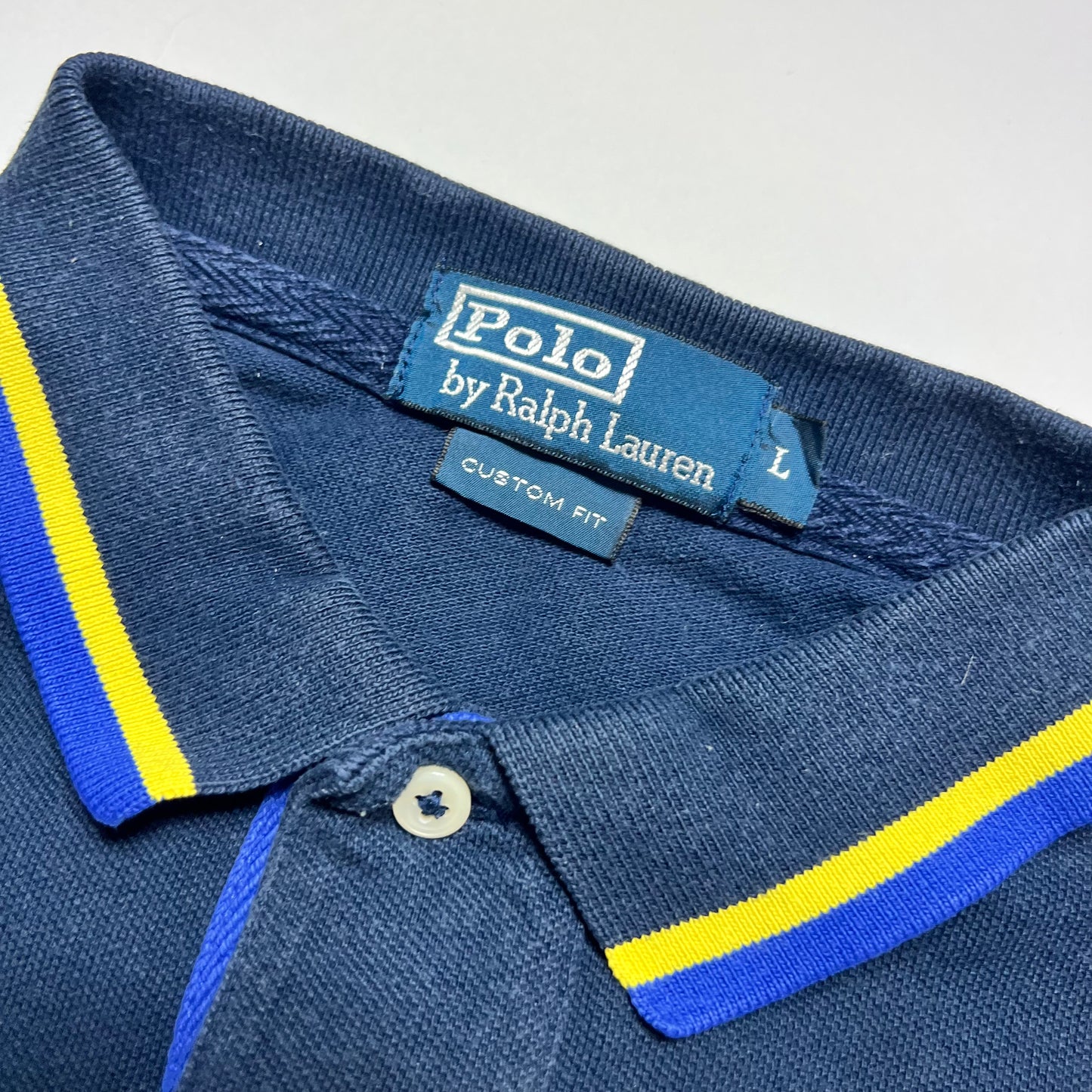 Vintage Ralph Lauren Blue Yellow Polo Shirt L - Cats on Stacks VNTG