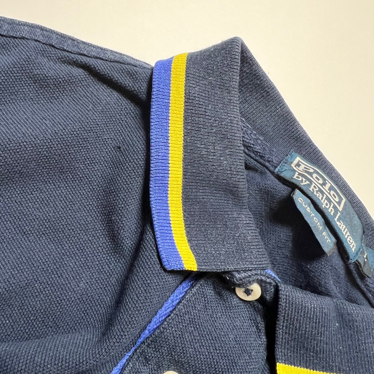 Vintage Ralph Lauren Blue Yellow Polo Shirt L - Cats on Stacks VNTG