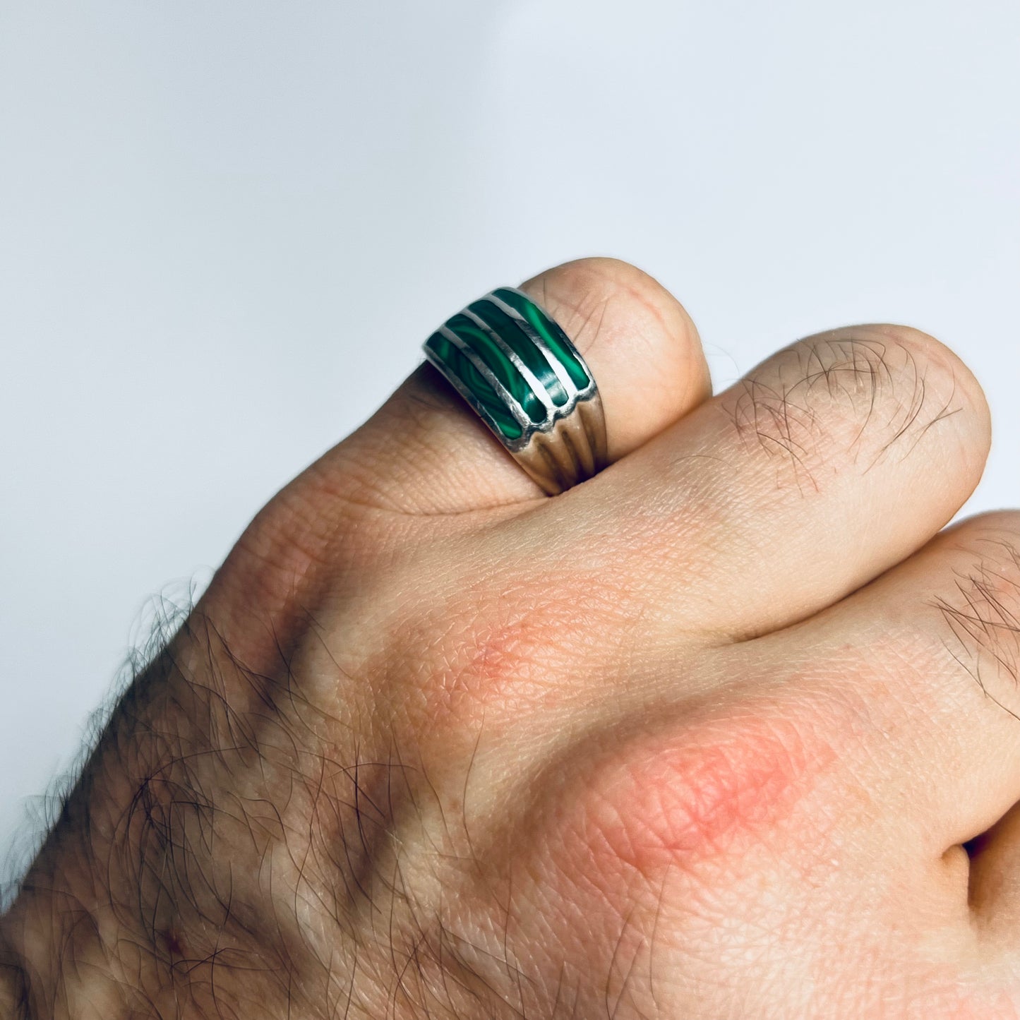 925 Striped Malachit Echtsilber-Ring - Cats on Stacks VNTG