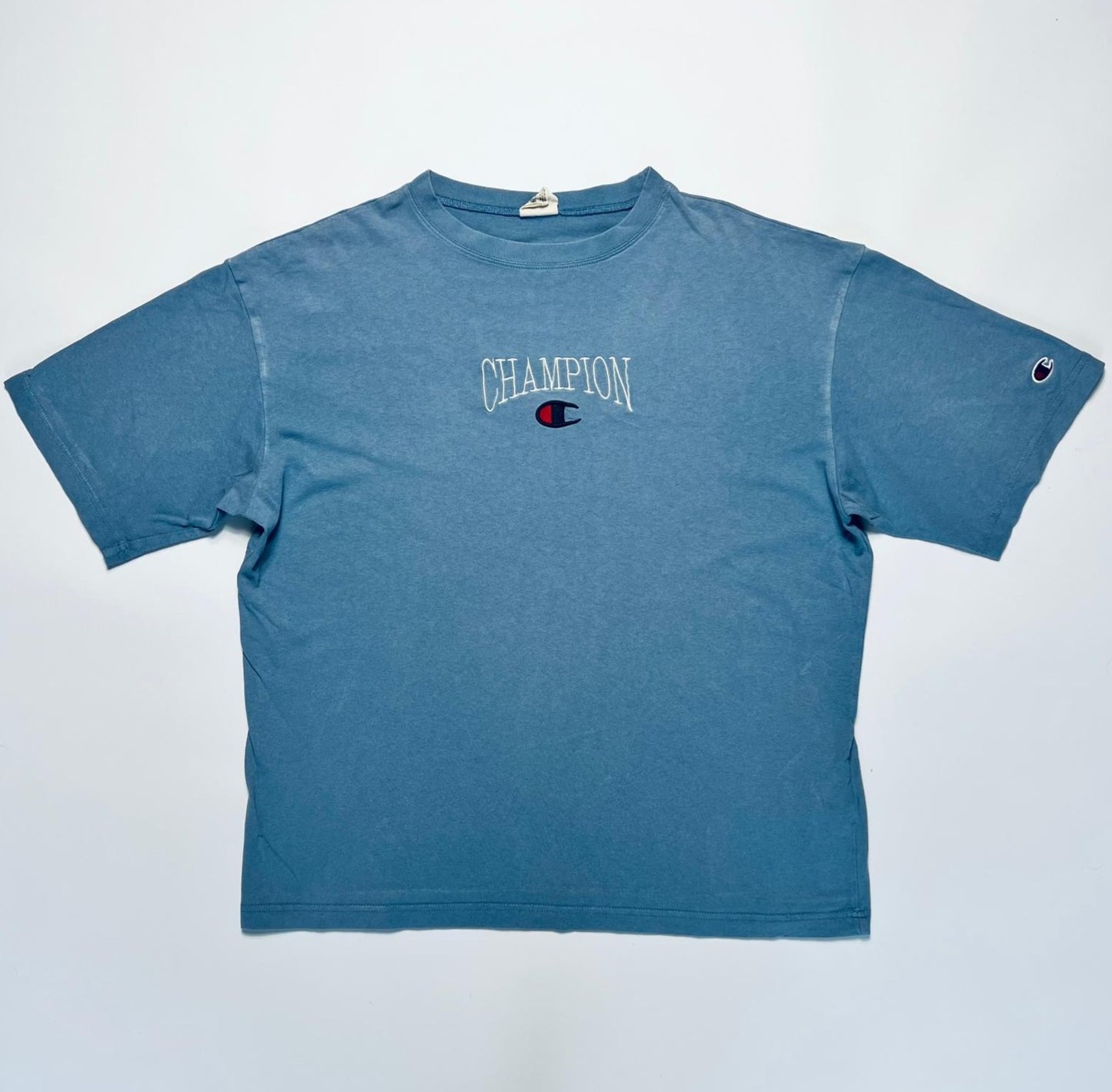 Champion Blue Script T-Shirt M / L - Cats on Stacks VNTG