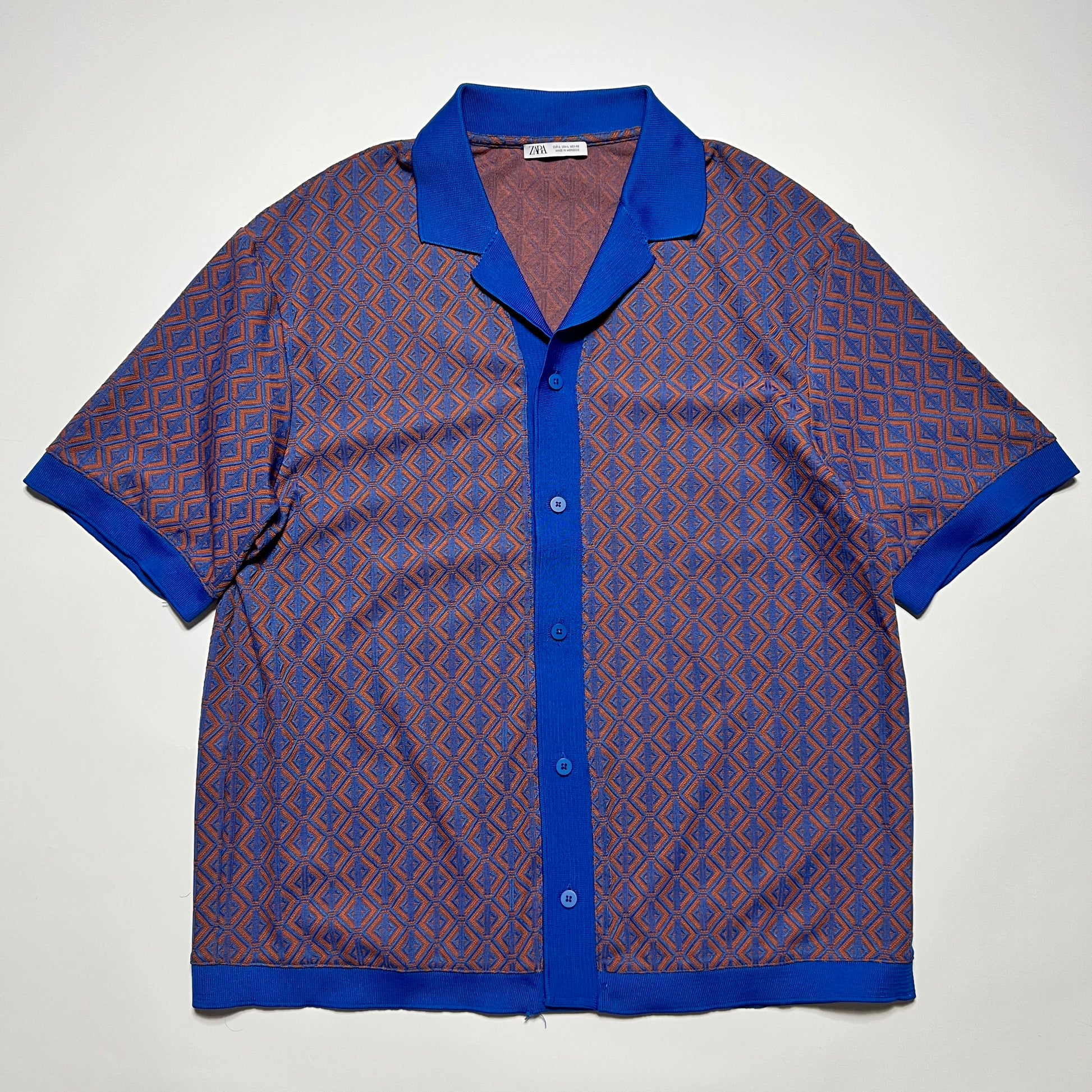 ZARA Retro Cabana Polo Shirt braun blau L - Cats on Stacks VNTG