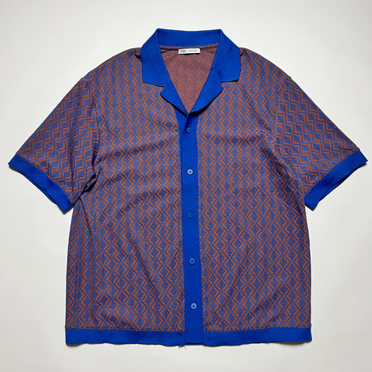 ZARA Retro Cabana Polo Shirt braun blau L - Cats on Stacks VNTG
