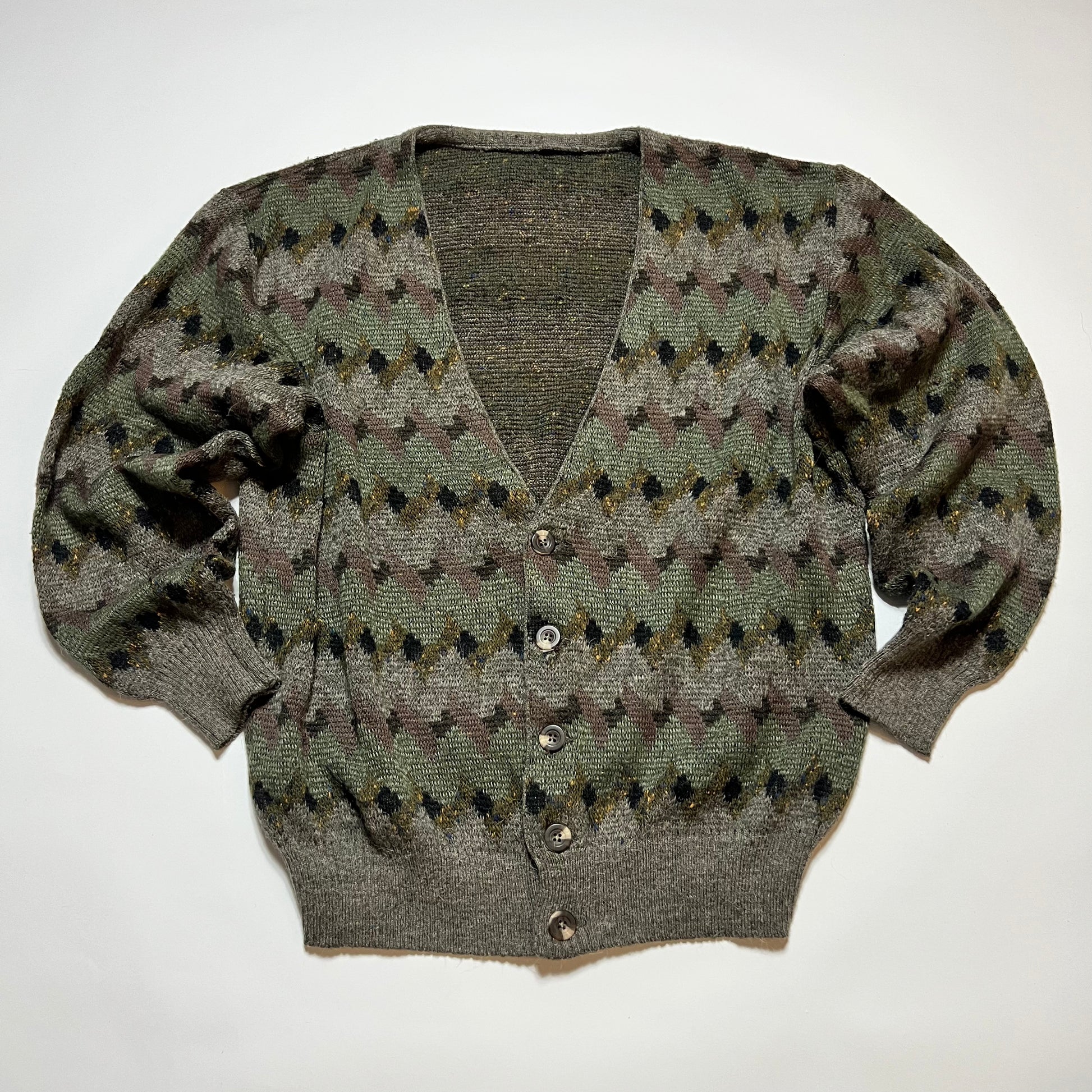 Vintage Crazy Pattern Boxy Cardigan grün braun L - Cats on Stacks VNTG
