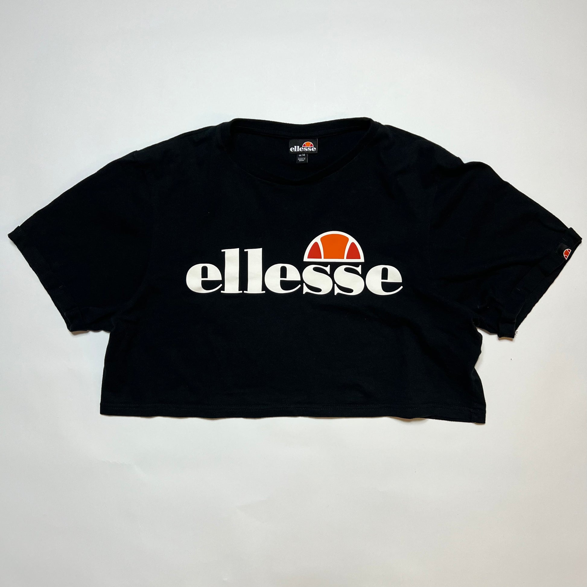 Damen Ellesse Big Logo Crop Top Shirt schwarz 42 L / XL - Cats on Stacks VNTG