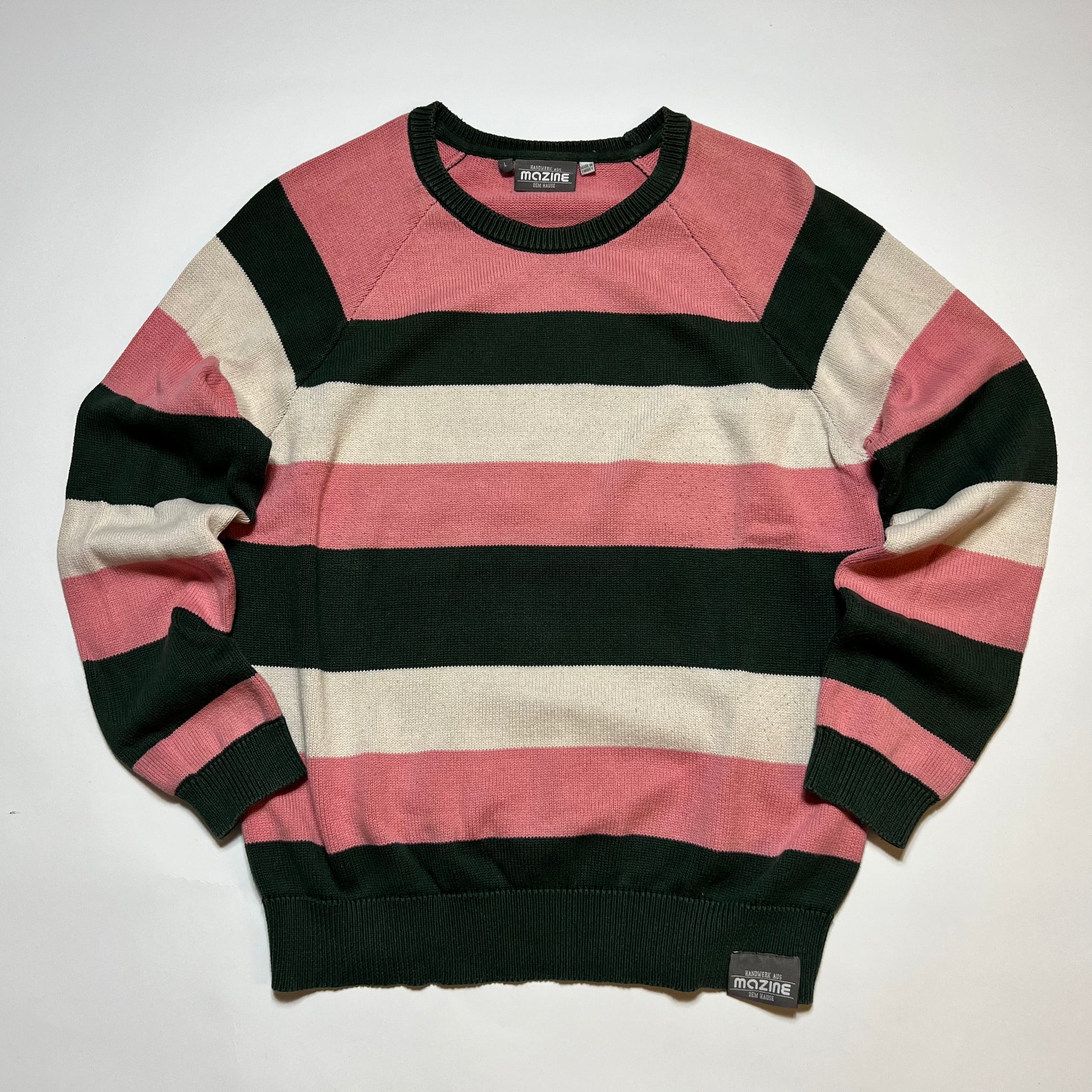 Damen Mazine Pullover grün rosa gestreift L - Cats on Stacks VNTG