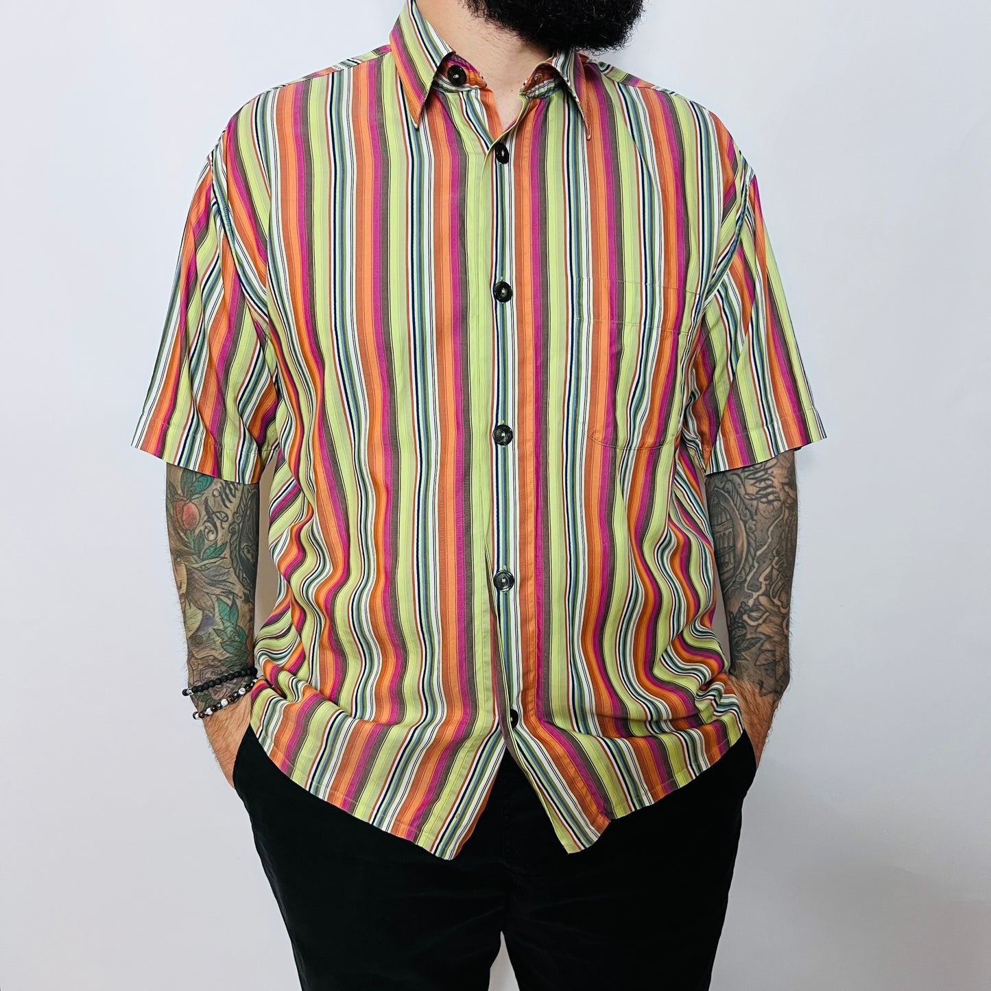 SIGNUM Vintage 90s Hemd Gestreift grün orange M / L