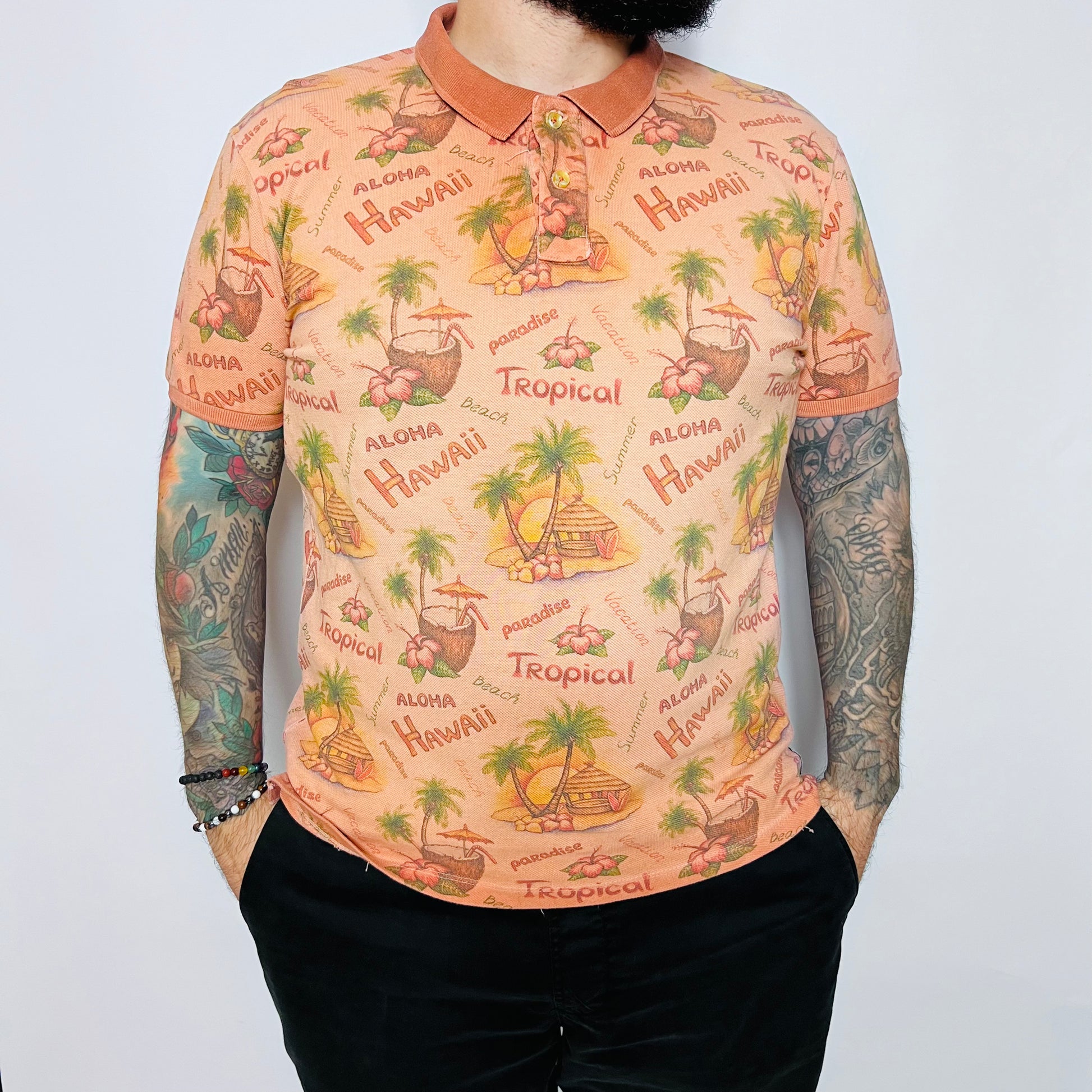 BOB Vintage 90s Aloha Hawai Polo Shirt peach rosa M / L - Cats on Stacks VNTG