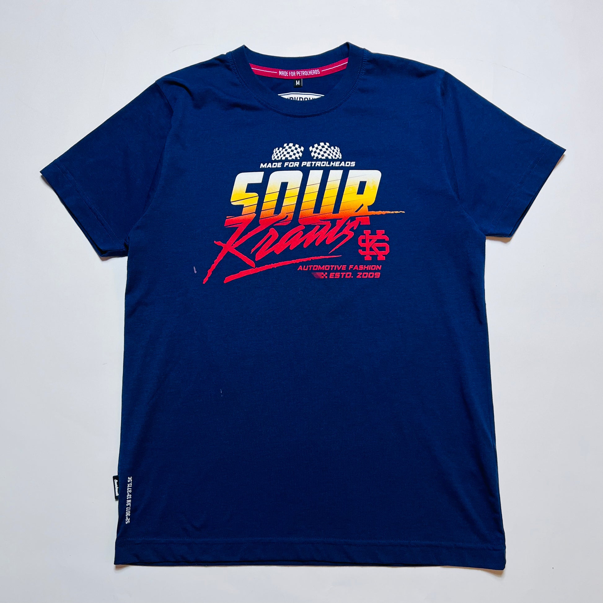 Sourkrauts Racing Flag Retro T-Shirt blau S / M - Cats on Stacks VNTG