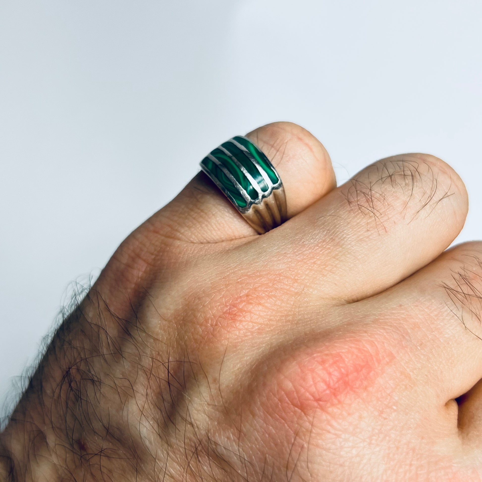 925 Striped Malachit Echtsilber-Ring - Cats on Stacks VNTG